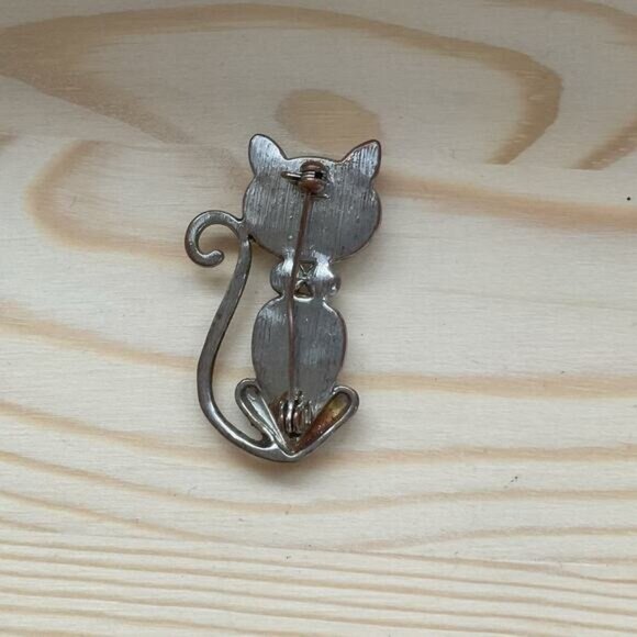 Cat-Shaped Rhinestone Brooch Pin Silver-Tone Metal Crystal Accents - Picture 2 of 4